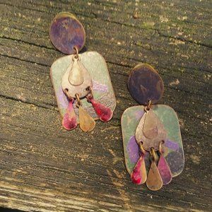 Vintage Painted red, purple, green brass multi dangle earrings